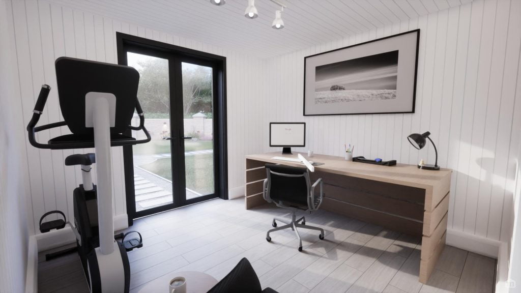 Inside garden pod with running machine and office furniture